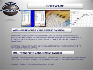 SHIPMENT MANAGMENT AND UNITS TRACKING ALLOW US TO FOLLOW UP EACH SHIPMENT FROM THE DOCK TO THE FINAL DESTINATION WITH REAL TIME WEB ACCES AND POD’S MANAGEMENT. IT HELPS TO PLAN EFFICIENT UNIT LOADS AND ROUTES. WAREHOUSE MANAGEMENT SYSTEM WHICH ALLOWS US TO HAVE DEEP CONTROL OF RECEPTIONS, MOVEMENTS AND POSITIONS WITHIN THE WAREHOUSE, INVENTORY CONTROL (QUANTITY, LOTS, ROTATION, ETC.), CUSTOMIZING CONTROL, PICKING AND SHIPMENTS MANAGEMENT. POWERFUL TOOL WHICH ALLOWS US TO MANAGE EFFICIENTLY THE INVENTORIES AND TO OPTIMIZE THE WORKING CAPITAL. SOFTWARE WMS –WAREHOUSE MANAGEMENT SYSTEM- TMS –TRANSPORT MANAGEMENT SYSTEM- 