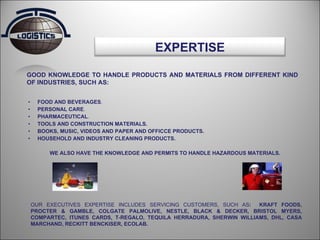 FOOD AND BEVERAGES . PERSONAL CARE . PHARMACEUTICAL . TOOLS AND CONSTRUCTION MATERIALS. BOOKS, MUSIC, VIDEOS AND PAPER AND OFFICCE PRODUCTS. HOUSEHOLD AND INDUSTRY CLEANING PRODUCTS. WE ALSO HAVE THE KNOWLEDGE AND PERMITS TO HANDLE HAZARDOUS MATERIALS. OUR EXECUTIVES EXPERTISE INCLUDES SERVICING CUSTOMERS, SUCH AS :  KRAFT FOODS, PROCTER & GAMBLE, COLGATE PALMOLIVE, NESTLE, BLACK & DECKER, BRISTOL MYERS, COMPARTEC, ITUNES CARDS, T-REGALO, TEQUILA HERRADURA, SHERWIN WILLIAMS, DHL, CASA MARCHAND, RECKITT BENCKISER, ECOLAB. GOOD KNOWLEDGE TO HANDLE PRODUCTS AND MATERIALS FROM DIFFERENT KIND OF INDUSTRIES, SUCH AS: EXPERTISE 