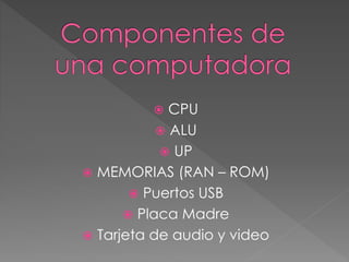  CPU
 ALU
 UP
 MEMORIAS (RAN – ROM)
 Puertos USB
 Placa Madre
 Tarjeta de audio y video
 