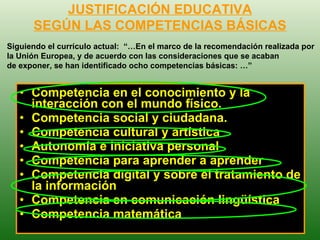 Competencia en el conocimiento y la interacción con el mundo físico. Competencia social y ciudadana. Competencia cultural y artística Autonomía e iniciativa personal Competencia para aprender a aprender Competencia digital y sobre el tratamiento de la información Competencia en comunicación lingüística Competencia matemática JUSTIFICACIÓN EDUCATIVA SEGÚN LAS COMPETENCIAS BÁSICAS Siguiendo el currículo actual:  “…En el marco de la recomendación realizada por la Unión Europea, y de acuerdo con las consideraciones que se acaban de exponer, se han identificado ocho competencias básicas: …” 