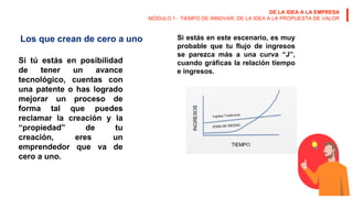 DE LA IDEA A LA EMPRESA
MÓDULO 1 · TIEMPO DE INNOVAR: DE LA IDEA A LA PROPUESTA DE VALOR
Los que crean de cero a uno
Si tú estás en posibilidad
de tener un avance
tecnológico, cuentas con
una patente o has logrado
mejorar un proceso de
forma tal que puedes
reclamar la creación y la
“propiedad” de tu
creación, eres un
emprendedor que va de
cero a uno.
Si estás en este escenario, es muy
probable que tu flujo de ingresos
se parezca más a una curva “J”,
cuando gráficas la relación tiempo
e ingresos.
 