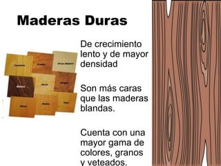 Maderas Duras
De crecimiento
lento y de mayor
densidad
Son más caras
que las maderas
blandas.
Cuenta con una
mayor gama de
colores, granos
y veteados.
 