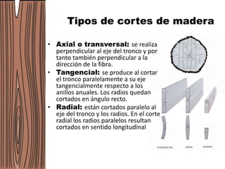 Tipos de cortes de madera
• Axial o transversal: se realiza
perpendicular al eje del tronco y por
tanto también perpendicular a la
dirección de la fibra.
• Tangencial: se produce al cortar
el tronco paralelamente a su eje
tangencialmente respecto a los
anillos anuales. Los radios quedan
cortados en ángulo recto.
• Radial: están cortados paralelo al
eje del tronco y los radios. En el corte
radial los radios paralelos resultan
cortados en sentido longitudinal
 