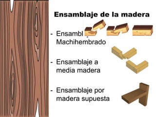 Ensamblaje de la madera
- Ensamblaje
Machihembrado
- Ensamblaje a
media madera
- Ensamblaje por
madera supuesta
 