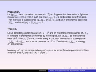 Proposition.
Let {gn}∞
n=1 be a normalized sequence in L2(m). Suppose that there exists a Rybakov
measure µ = | m,x0 | for m such that { gn L1(µ)}∞
n=1 is not bounded away from zero.
Then there are a subsequence {gnk
}∞
k=1 of {gn}∞
n=1 and an m-orthonormal sequence
{fk }∞
k=1 such that gnk
−fk L2(m) →k 0.
Theorem.
Let us consider a vector measure m : Σ → 2 and an m-orthonormal sequence {fn}∞
n=1
of functions in L2(m) that are normed by the integrals. Let {en}∞
n=1 be the canonical
basis of 2. If l´ımn f2
n dm,ek = 0 for every k ∈ N, then there exists a subsequence
{fnk
}∞
k=1 of {fn}∞
n=1 and a vector measure m∗ : Σ → 2 such that {fnk
}∞
k=1 is strongly
m∗-orthonormal.
Moreover, m∗ can be chosen to be as m∗ = φ ◦m for some Banach space isomorphism
φ from 2 onto 2, and so L2(m) = L2(m∗).
E. S´anchez Vector measures and classical disjointiﬁcation methods
 