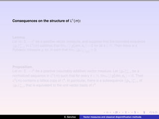 Consequences on the structure of L1(m):
Lemma.
Let m : Σ → 2 be a positive vector measure, and suppose that the bounded sequence
{gn}∞
n=1 in L2(m) satisﬁes that l´ımn g2
n dm,ek = 0 for all k ∈ N. Then there is a
Rybakov measure µ for m such that l´ımn gn L1(µ) = 0.
Proposition.
Let m : Σ → 2 be a positive (countably additive) vector measure. Let {gn}∞
n=1 be a
normalized sequence in L2(m) such that for every k ∈ N, l´ımn g2
n dm,ek = 0. Then
L2(m) contains a lattice copy of 4. In particular, there is a subsequence {gnk
}∞
k=1 of
{gn}∞
n=1 that is equivalent to the unit vector basis of 4.
E. S´anchez Vector measures and classical disjointiﬁcation methods
 