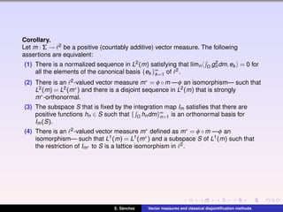 Corollary.
Let m : Σ → 2 be a positive (countably additive) vector measure. The following
assertions are equivalent:
(1) There is a normalized sequence in L2(m) satisfying that l´ımn Ω g2
n dm,ek = 0 for
all the elements of the canonical basis {ek }∞
k=1 of 2.
(2) There is an 2-valued vector measure m∗ = φ ◦m —φ an isomorphism— such that
L2(m) = L2(m∗) and there is a disjoint sequence in L2(m) that is strongly
m∗-orthonormal.
(3) The subspace S that is ﬁxed by the integration map Im satisﬁes that there are
positive functions hn ∈ S such that { Ω hndm}∞
n=1 is an orthonormal basis for
Im(S).
(4) There is an 2-valued vector measure m∗ deﬁned as m∗ = φ ◦m —φ an
isomorphism— such that L1(m) = L1(m∗) and a subspace S of L1(m) such that
the restriction of Im∗ to S is a lattice isomorphism in 2.
E. S´anchez Vector measures and classical disjointiﬁcation methods
 