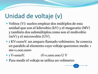 Unidad de voltaje (v)Voltios (V): suelen emplear dos múltiplos de esta unidad que son el kilovoltio (kV) y el megavatio (MV) y también dos submúltiplos como son el molivoltio (mV) y el microvoltio (UV).1 KV=1000V. un amparo llamado voltímetro. Se conecta en paralelo al elemento cuyo voltaje queremos medir. 1 mv=1.000.000v1 V=1000V.                  1V=1.000.000 U VPara medir el voltaje se utiliza un volimetrov
