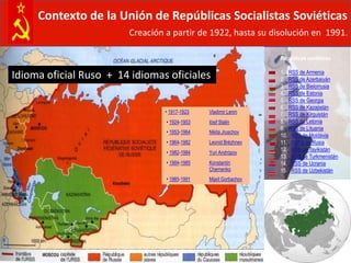 Contexto de la Unión de Repúblicas Socialistas Soviéticas
                        Creación a partir de 1922, hasta su disolución en 1991.

                                                                  Repúblicas soviéticas

                                                                  1. RSS de Armenia
Idioma oficial Ruso + 14 idiomas oficiales                        2. RSS de Azerbaiyán
                                                                  3. RSS de Bielorrusia
                                                                  4. RSS de Estonia
                                                                  5. RSS de Georgia
                                                                  6. RSS de Kazajistán
                                 • 1917-1923   Vladimir Lenin
                                                                  7. RSS de Kirguistán
                                 • 1924-1953   Iósif Stalin       8. RSS de Letonia
                                                                  9. RSS de Lituania
                                 • 1953-1964   Nikita Jruschov
                                                                  10. RSS de Moldavia
                                 • 1964-1982   Leonid Brézhnev    11. RSFS de Rusia
                                 • 1982-1984   Yuri Andrópov
                                                                  12. RSS de Tayikistán
                                                                  13. RSS de Turkmenistán
                                 • 1984-1985   Konstantín         14. RSS de Ucrania
                                               Chernenko          15. RSS de Uzbekistán
                                 • 1985-1991   Mijaíl Gorbachov
 
