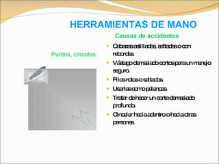 HERRAMIENTAS DE MANO Cabezas astilladas, saltadas o con rebordes. Vástago demasiado cortos para un manejo seguro. Filos rotos o saltados. Usarlas como palancas. Tratar de hacer un corte demasiado profundo. Cincelar hacia adentro o hacia otras personas. Puntos, cinceles. Causas de accidentes 