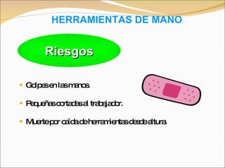 HERRAMIENTAS DE MANO Golpes en las manos. Pequeñas cortadas al trabajador. Muerte por caída de herramientas desde altura. Riesgos 