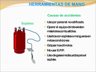 HERRAMIENTAS DE MANO Uso por personal no calificado. Operar el equipo donde existan materiales combustibles. Usarlos con sopletes o mangueras en malas condiciones. Golpear los cilindros. No usar E.P.P. Uso de gases inadecuados para el soplete. Causas de accidentes Sopletes 