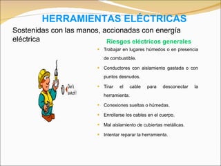 HERRAMIENTAS ELÉCTRICAS Trabajar en lugares húmedos o en presencia de combustible. Conductores con aislamiento gastada o con puntos desnudos. Tirar el cable para desconectar la herramienta. Conexiones sueltas o húmedas. Enrollarse los cables en el cuerpo. Mal aislamiento de cubiertas metálicas. Intentar reparar la herramienta. Riesgos eléctricos generales Sostenidas con las manos, accionadas con energía eléctrica 