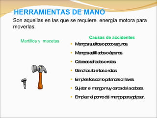 HERRAMIENTAS DE MANO Mangos sueltos o poco seguros. Mangos astillados o ásperos. Cabezas saltadas o rotas. Ganchos abiertos o rotos. Emplearlos como palancas o llaves. Sujetar el mango muy cerca de la cabeza. Emplear el pomo del mango para golpear. Martillos y  macetas Causas de accidentes Son aquellas en las que se requiere  energía motora para moverlas. 