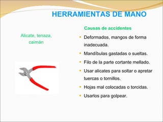 HERRAMIENTAS DE MANO Deformados, mangos de forma inadecuada. Mandíbulas gastadas o sueltas. Filo de la parte cortante mellado. Usar alicates para soltar o apretar tuercas o tornillos. Hojas mal colocadas o torcidas. Usarlos para golpear. Alicate, tenaza, caimán Causas de accidentes 