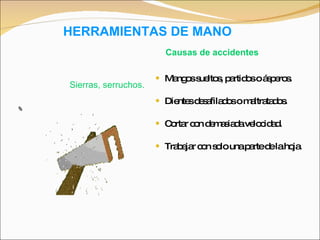 HERRAMIENTAS DE MANO Mangos sueltos, partidos o ásperos. Dientes desafilados o maltratados. Cortar con demasiada velocidad. Trabajar con solo una parte de la hoja. Sierras, serruchos. Causas de accidentes 