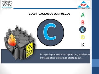 CLASIFICACION DE LOS FUEGOS
Es aquel que involucra aparatos, equipos e
instalaciones eléctricas energizadas.
 