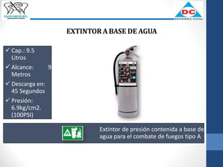 EXTINTOR A BASE DE AGUA
Extintor de presión contenida a base de
agua para el combate de fuegos tipo A
 Cap.: 9.5
Litros
 Alcance: 9
Metros
 Descarga en:
45 Segundos
 Presión:
6.9kg/cm2.
(100PSI)
 