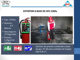 EXTINTOR A BASE DE HFC-236fa
Extintor de presión contenida a base
de gas FE-36 para combate de fuegos
tipo A,B y C
 Cap.: 6 Kilos
 Alcance:
4.3
Metros
 Descarga en:
13 Segundos
 Presión:
5.2kg/cm2.
(75PSI)
 