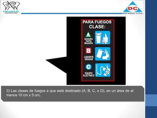 3) Las clases de fuegos a que está destinado (A, B, C, o D), en un área de al
menos 10 cm x 5 cm;
 