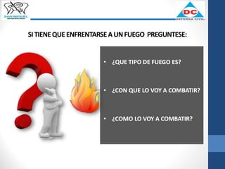 SITIENEQUEENFRENTARSEAUNFUEGO PREGUNTESE:
• ¿QUE TIPO DE FUEGO ES?
• ¿CON QUE LO VOY A COMBATIR?
• ¿COMO LO VOY A COMBATIR?
 