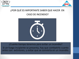 ¿POR QUÉ ES IMPORTANTE SABER QUE HACER EN
CASO DE INCENDIO?
¿Cuanto tiempo tenemos para evitar un incendio?
Si un fuego incipiente se presenta, hay que combatirlo cuanto
antes con extintores, y evitar que se convierta en un incendio.
 