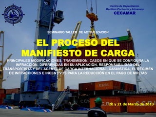 Punto de llegada
                                                       Centro de Capacitación
                                                    Marítimo Portuario y Aduanero
                                                           CECAMAR



                     SEMINARIO TALLER DE ACTUALIZACION



           EL PROCESO DEL
         MANIFIESTO DE CARGA
  PRINCIPALES MODIFICACIONES, TRANSMISION, CASOS EN QUE SE CONFIGURA LA
       INFRACCIÓN, DIFERENCIAS EN SU APLICACIÓN, RESPONSABILIDAD DEL
TRANSPORTISTA Y DEL AGENTE DE CARGA INTERNACIONAL, CASUISTICA, EL RÉGIMEN
   DE INFRACCIONES E INCENTIVOS PARA LA REDUCCIÓN EN EL PAGO DE MULTAS




                                                         20 y 21 de Marzo de 2013
 