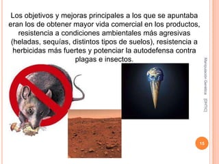 Los objetivos y mejoras principales a los que se apuntaba
eran los de obtener mayor vida comercial en los productos,
   resistencia a condiciones ambientales más agresivas
 (heladas, sequías, distintos tipos de suelos), resistencia a
  herbicidas más fuertes y potenciar la autodefensa contra
                     plagas e insectos.




                                                                Manipulación Genética
                                                                [DHTIC]
                                                            15
 