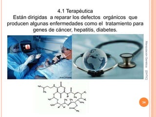4.1 Terapéutica
   Están dirigidas a reparar los defectos orgánicos que
producen algunas enfermedades como el tratamiento para
            genes de cáncer, hepatitis, diabetes.




                                                          Manipulación Genética
                                                          [DHTIC]
                                                      34
 