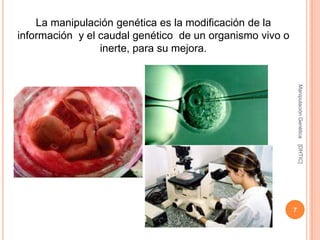 La manipulación genética es la modificación de la
información y el caudal genético de un organismo vivo o
                 inerte, para su mejora.




                                                              Manipulación Genética
                                                              [DHTIC]
                                                          7
 