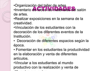 •Organización del taller de artes.
             ACTIVIDADES
•Inventario de todos los materiales del salón
de artes.
•Realizar exposiciones en la semana de la
creatividad.
•Vinculación de los estudiantes con la
decoración de los diferentes eventos de la
Institución.
• Decoración de diferentes espacios según la
época.
• Fomentar en los estudiantes la productividad
en la elaboración y venta de diferentes
artículos.
•Vincular a los estudiantes al mundo
productivo con la realización y venta de
 
