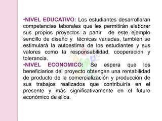 •NIVEL EDUCATIVO: Los estudiantes desarrollaran
competencias laborales que les permitirán elaborar
sus propios proyectos a partir de este ejemplo
sencillo de diseño y técnicas variadas, también se
estimulará la autoestima de los estudiantes y sus
valores como la responsabilidad, cooperación y
tolerancia.
•NIVEL ECONOMICO: Se espera que los
beneficiarios del proyecto obtengan una rentabilidad
de producto de la comercialización y producción de
sus trabajos realizados que contribuiría en el
presente y más significativamente en el futuro
económico de ellos.
 