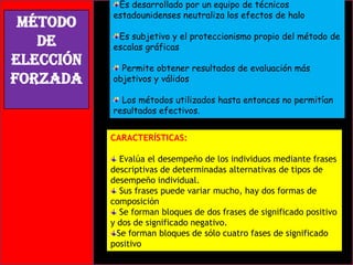 Método
de
elección
forzada

Es desarrollado por un equipo de técnicos
estadounidenses neutraliza los efectos de halo
Es subjetivo y el proteccionismo propio del método de
escalas gráficas
Permite obtener resultados de evaluación más
objetivos y válidos
Los métodos utilizados hasta entonces no permitían
resultados efectivos.
CARACTERÍSTICAS:
Evalúa el desempeño de los individuos mediante frases
descriptivas de determinadas alternativas de tipos de
desempeño individual.
Sus frases puede variar mucho, hay dos formas de
composición
Se forman bloques de dos frases de significado positivo
y dos de significado negativo.
Se forman bloques de sólo cuatro fases de significado
positivo

 