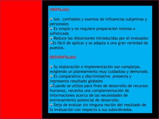 VENTAJAS:
Son confiables y exentos de influencias subjetivas y
personales
Es simple y no requiere preparación intensa o
sofisticada
Reduce las distorsiones introducidas por el evaluador.
Es fácil de aplicar y se adapta a una gran variedad de
puestos.
DESVENTAJAS:
Su elaboración e implementación son complejas,
exigiendo un planeamiento muy cuidadoso y demorado.
Es comparativo y discriminativo presenta y
representa resultado globales
Cuando se utiliza para fines de desarrollo de recursos
humanos, necesita una complementación de
informaciones acerca de las necesidades de
entrenamiento potencial de desarrollo.
Deja de evaluar sin ninguna noción del resultado de
la evaluación con respecto a sus subordinados.

 