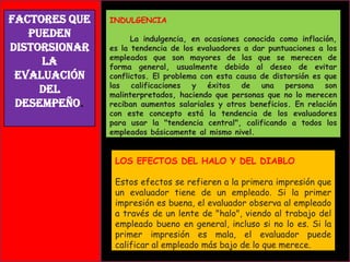 Factores que
pueden
distorsionar
la
Evaluación
del
Desempeño.

INDULGENCIA
La indulgencia, en ocasiones conocida como inflación,
es la tendencia de los evaluadores a dar puntuaciones a los
empleados que son mayores de las que se merecen de
forma general, usualmente debido al deseo de evitar
conflictos. El problema con esta causa de distorsión es que
las calificaciones y éxitos de una persona son
malinterpretados, haciendo que personas que no lo merecen
reciban aumentos salariales y otros beneficios. En relación
con este concepto está la tendencia de los evaluadores
para usar la "tendencia central", calificando a todos los
empleados básicamente al mismo nivel.

LOS EFECTOS DEL HALO Y DEL DIABLO
Estos efectos se refieren a la primera impresión que
un evaluador tiene de un empleado. Si la primer
impresión es buena, el evaluador observa al empleado
a través de un lente de "halo", viendo al trabajo del
empleado bueno en general, incluso si no lo es. Si la
primer impresión es mala, el evaluador puede
calificar al empleado más bajo de lo que merece.

 