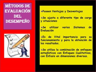 Métodos de
Evaluación
del
Desempeño

Poseen Ventajas y Desventajas
Se ajusta a diferente tipo de cargo
y situaciones
Se utilizar
Evaluación

varios

Sistemas

de

Es de Vital importancia para su
funcionamiento y para la obtención de
los resultados.
Se utiliza la combinación de enfoques
estadísticos con Enfoques Cualitativos,
con Énfasis en dimensiones diversas.

 