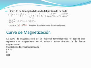 a) Calculo de la longitud de onda del protón de Ec dada
= 0,728 Åm11
10287 
 , Longitud de onda del orden del taño del protón
Curva de Magnetización
La curva de magnetización de un material ferromagnético es aquella que
representa el magnetismo en el material como función de la fuerza
magnetizaste.
Magnetismo Fuerza magnetizaste
f N * i
l i
B H
 