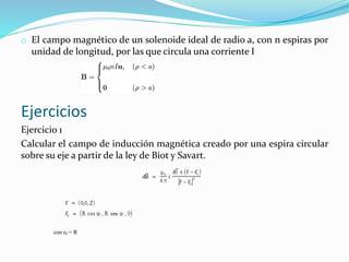 o El campo magnético de un solenoide ideal de radio a, con n espiras por
unidad de longitud, por las que circula una corriente I
Ejercicios
Ejercicio 1
Calcular el campo de inducción magnética creado por una espira circular
sobre su eje a partir de la ley de Biot y Savart.
con r0 = R
 