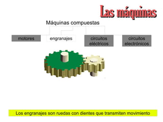 Máquinas compuestas
motores
Los engranajes son ruedas con dientes que transmiten movimiento
engranajes circuitos
eléctricos
circuitos
electrónicos
 