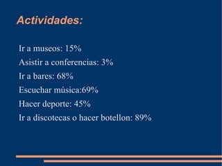 Actividades: Ir a museos: 15% Asistir a conferencias: 3% Ir a bares: 68% Escuchar  música :69% Hacer deporte: 45% Ir a discotecas o hacer botellon: 89% 