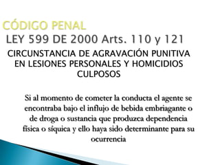 CÓDIGO PENALLEY 599 DE 2000 Arts. 110 y 121CIRCUNSTANCIA DE AGRAVACIÓN PUNITIVA EN LESIONES PERSONALES Y HOMICIDIOS CULPOSOSSi al momento de cometer la conducta el agente se encontraba bajo el influjo de bebida embriagante o de droga o sustancia que produzca dependencia física o síquica y ello haya sido determinante para su ocurrencia