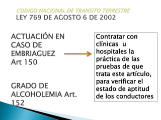 CODIGO NACIONAL DE TRANSITO TERRESTRELEY 769 DE AGOSTO 6 DE 2002ACTUACIÓN ENCASO DE  EMBRIAGUEZ Art 150Contratar con clínicas  u hospitales la práctica de las pruebas de que trata este artículo, para verificar el estado de aptitud de los conductoresGRADO DE ALCOHOLEMIA Art. 152