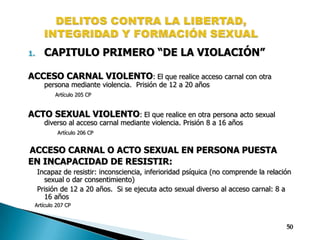 DELITOS CONTRA LA LIBERTAD, INTEGRIDAD Y FORMACIÓN SEXUALCAPITULO PRIMERO “DE LA VIOLACIÓN”ACCESO CARNAL VIOLENTO: El que realice acceso carnal con otra persona mediante violencia.  Prisión de 12 a 20 añosArtículo 205 CPACTO SEXUAL VIOLENTO: El que realice en otra persona acto sexual diverso al acceso carnal mediante violencia. Prisión 8 a 16 añosArtículo 206 CPACCESO CARNAL O ACTO SEXUAL EN PERSONA PUESTA EN INCAPACIDAD DE RESISTIR:     Incapaz de resistir: inconsciencia, inferioridad psíquica (no comprende la relación sexual o dar consentimiento)     Prisión de 12 a 20 años.  Si se ejecuta acto sexual diverso al acceso carnal: 8 a 16 años    Artículo 207 CP50