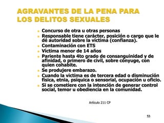 AGRAVANTES DE LA PENA PARA LOS DELITOS SEXUALESConcurso de otra u otras personasResponsable tiene carácter, posición o cargo que le dé autoridad sobre la víctima (confianza). Contaminación con ETSVíctima menor de 14 añosPariente hasta 4to grado de consanguinidad y de afinidad, o primero de civil, sobre cónyuge, con quien cohabite. Se produjere embarazo. Cuando la victima es de tercera edad o disminución física, etnia, psíquica o sensorial, ocupación u oficio.Si se cometiere con la intención de generar control social, temor u obediencia en la comunidad. Artículo 211 CP53