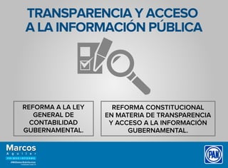 TRANSPARENCIA Y ACCESO
A LA INFORMACIÓN PÚBLICA
REFORMA A LA LEY
GENERAL DE
CONTABILIDAD
GUBERNAMENTAL.
REFORMA CONSTITUCIONAL
EN MATERIA DE TRANSPARENCIA
Y ACCESO A LA INFORMACIÓN
GUBERNAMENTAL.
 