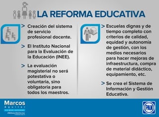 LA REFORMA EDUCATIVA
Creación del sistema
de servicio
profesional docente.
El Instituto Nacional
para la Evaluación de
la Educación (INEE).
La evaluación
magisterial no será
potestativa o
voluntaria, sino
obligatoria para
todos los maestros.
Escuelas dignas y de
tiempo completo con
criterios de calidad,
equidad y autonomía
de gestión, con los
medios necesarios
para hacer mejoras de
infraestructura, compra
de material didáctico,
equipamiento, etc.
Se crea el Sistema de
Información y Gestión
Educativa.
 