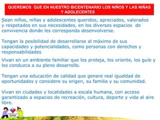QUEREMOS QUE EN NUESTRO BICENTENARIO LOS NIÑOS Y LAS NIÑAS
                      Y ADOLECENTES

Sean niños, niñas y adolescentes queridos, apreciados, valorados
.
y respetados en sus necesidades, en los diversos espacios de
convivencia donde les corresponda desenvolverse.

Tengan la posibilidad de desarrollarse al máximo de sus
capacidades y potencialidades, como personas con derechos y
responsabilidades
Vivan en un ambiente familiar que los proteja, los oriente, los guíe y
los conduzca a su pleno desarrollo.

Tengan una educación de calidad que genere real igualdad de
oportunidades y considere su origen, su familia y su comunidad.

Vivan en ciudades y localidades a escala humana, con acceso
garantizado a espacios de recreación, cultura, deporte y vida al aire
libre.
 