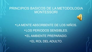 PRINCIPIOS BASICOS DE LA METODOLOGIA
MONTESSORI
•LA MENTE ABSORBENTE DE LOS NIÑOS.
•LOS PERIODOS SENSIBLES.
•EL AMBIENTE PREPARADO.
•EL ROL DEL ADULTO.
 