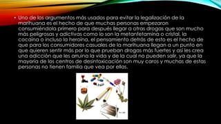 • Uno de los argumentos más usados para evitar la legalización de la
marihuana es el hecho de que muchas personas empezaron
consumiéndola primero para después llegar a otras drogas que son mucho
más peligrosas y adictivas como lo son la metanfetamina o cristal, la
cocaína o incluso la heroína, el pensamiento detrás de esto es el hecho de
que para los consumidores casuales de la marihuana llegan a un punto en
que quieren sentir más por lo que prueban drogas más fuertes y así les crea
una adicción que les arruina la vida y de la cual no pueden salir, ya que la
mayoría de los centros de desintoxicación son muy caros y muchas de estas
personas no tienen familia que vea por ellas.

 