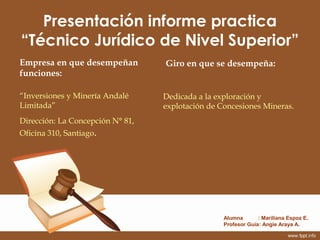 Presentación informe practica
“Técnico Jurídico de Nivel Superior”
Empresa en que desempeñan         Giro en que se desemp...